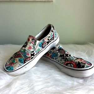 VANS Sticker Mash Up All Over Print Classic Slip On Shoes Skater Flats size 5
